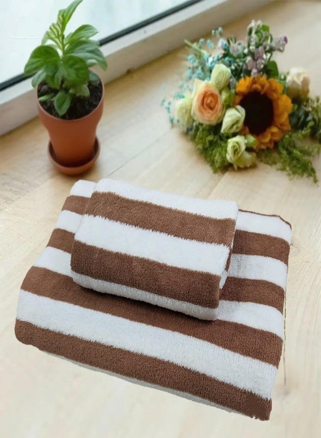 ABREEZE Coffee and White Striped Bath Towel and Hand Towel Set (2-Piece) - Coral Fleece Super Soft & Absorbent for Spa, Gym, Travel - Image 2